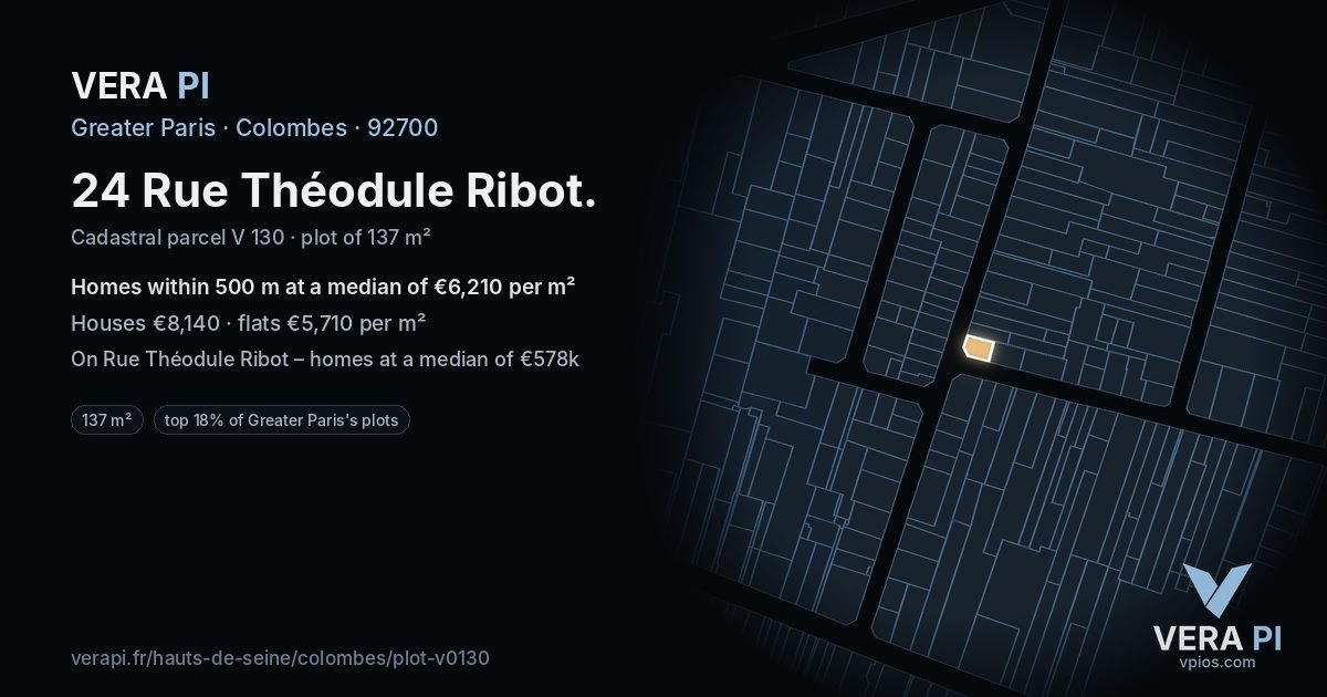24 Rue Théodule Ribot, Colombes at night – the plot lit, the parcels around coloured by the prices near them