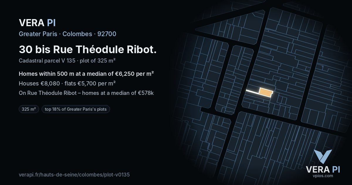 30 bis Rue Théodule Ribot, Colombes at night – the plot lit, the parcels around coloured by the prices near them