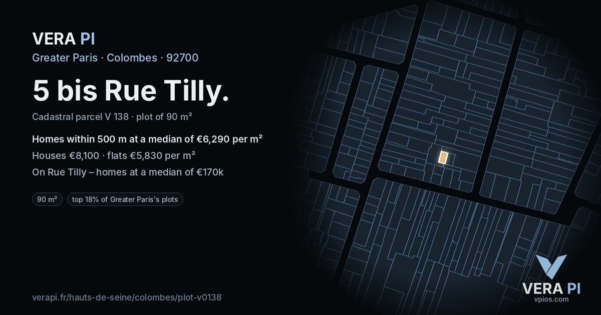 5 bis Rue Tilly, Colombes at night – the plot lit, the parcels around coloured by the prices near them
