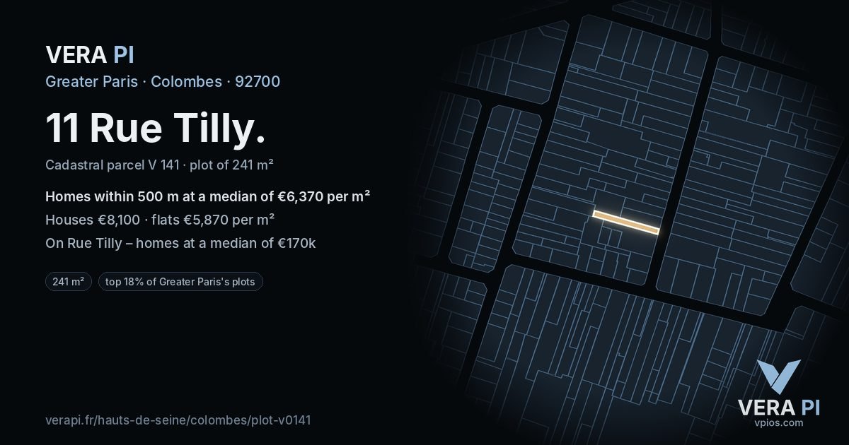 11 Rue Tilly, Colombes at night – the plot lit, the parcels around coloured by the prices near them