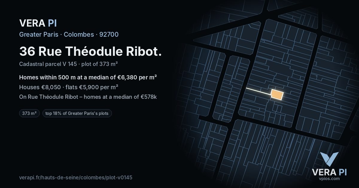 36 Rue Théodule Ribot, Colombes at night – the plot lit, the parcels around coloured by the prices near them
