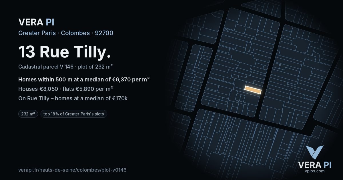 13 Rue Tilly, Colombes at night – the plot lit, the parcels around coloured by the prices near them
