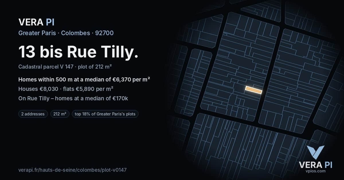 13 bis Rue Tilly, Colombes at night – the plot lit, the parcels around coloured by the prices near them