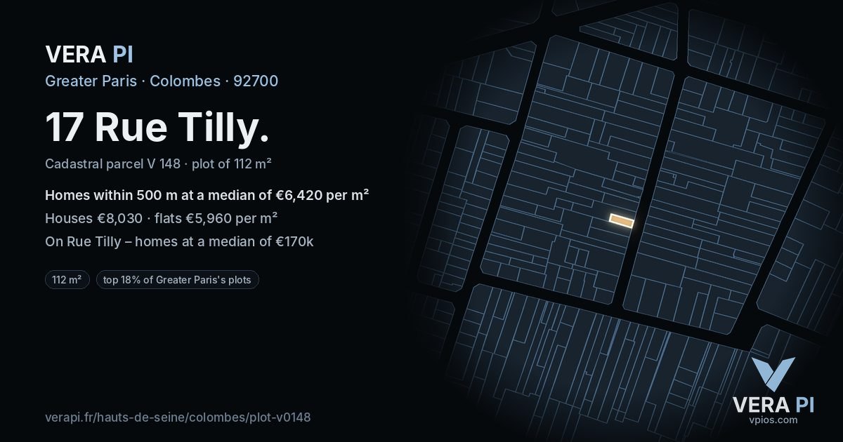 17 Rue Tilly, Colombes at night – the plot lit, the parcels around coloured by the prices near them