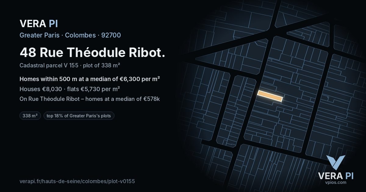 48 Rue Théodule Ribot, Colombes at night – the plot lit, the parcels around coloured by the prices near them