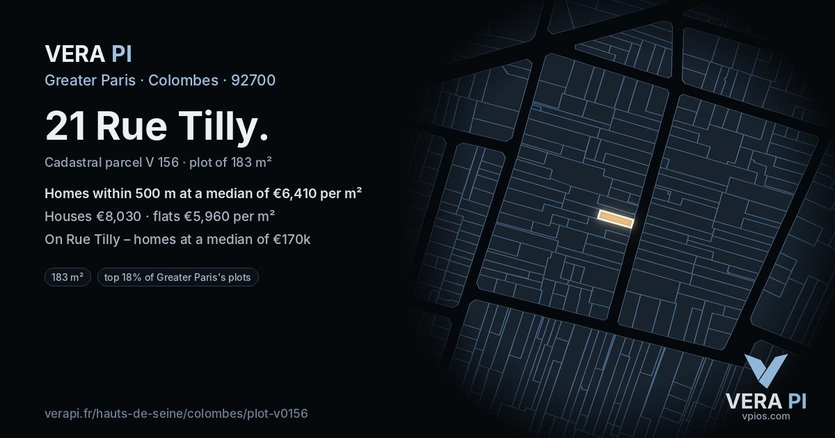 21 Rue Tilly, Colombes at night – the plot lit, the parcels around coloured by the prices near them