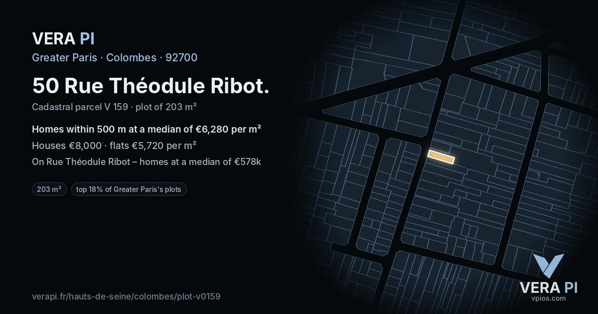 50 Rue Théodule Ribot, Colombes at night – the plot lit, the parcels around coloured by the prices near them