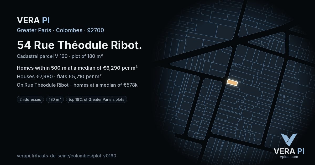54 Rue Théodule Ribot, Colombes at night – the plot lit, the parcels around coloured by the prices near them