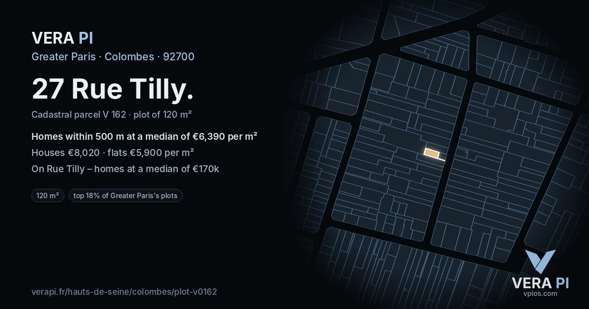 27 Rue Tilly, Colombes at night – the plot lit, the parcels around coloured by the prices near them