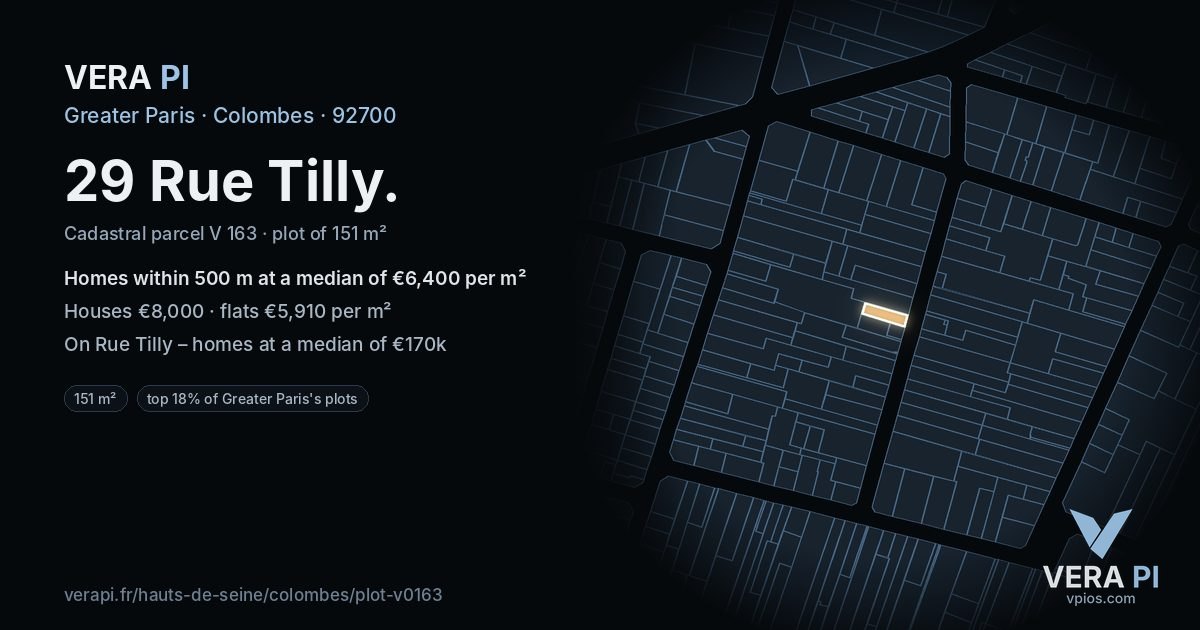 29 Rue Tilly, Colombes at night – the plot lit, the parcels around coloured by the prices near them