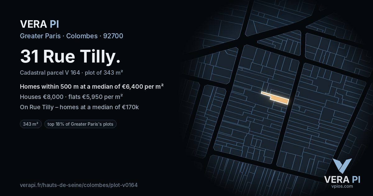 31 Rue Tilly, Colombes at night – the plot lit, the parcels around coloured by the prices near them