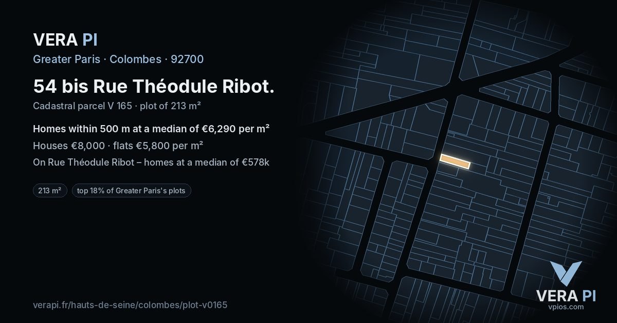 54 bis Rue Théodule Ribot, Colombes at night – the plot lit, the parcels around coloured by the prices near them