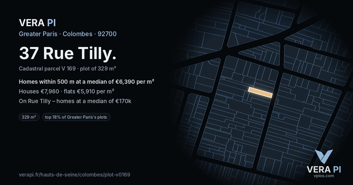37 Rue Tilly, Colombes at night – the plot lit, the parcels around coloured by the prices near them