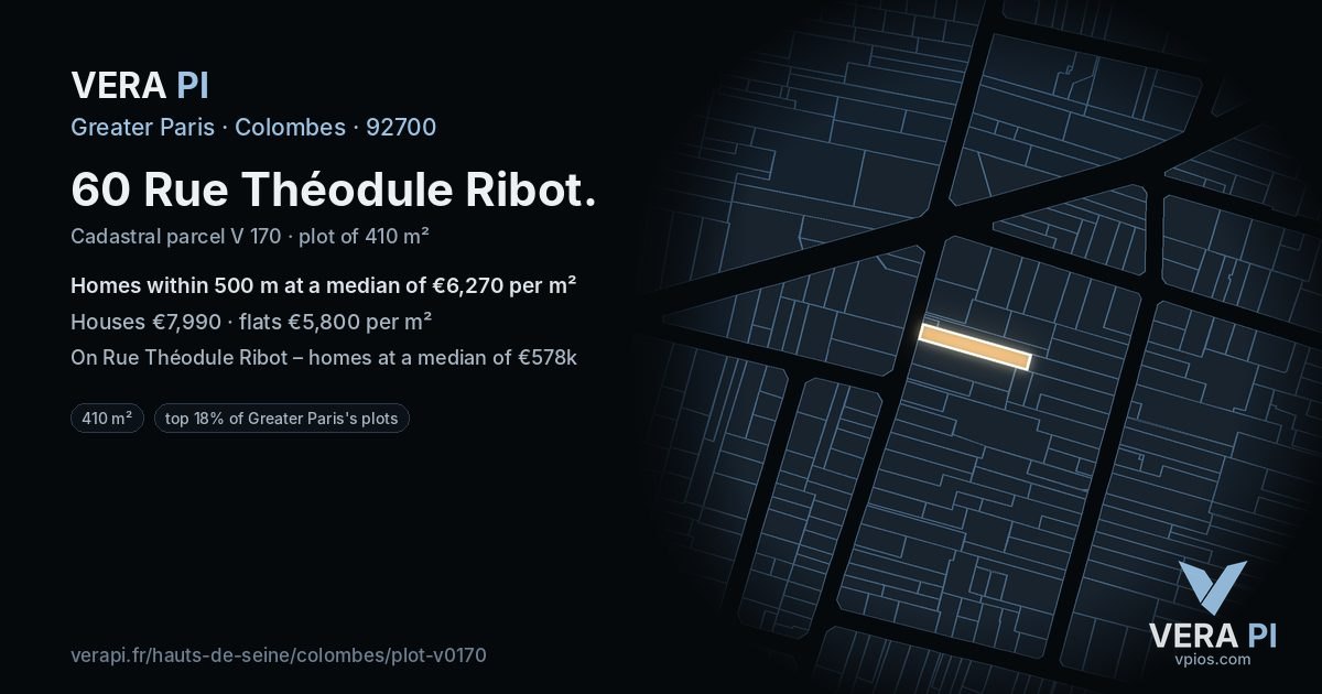 60 Rue Théodule Ribot, Colombes at night – the plot lit, the parcels around coloured by the prices near them
