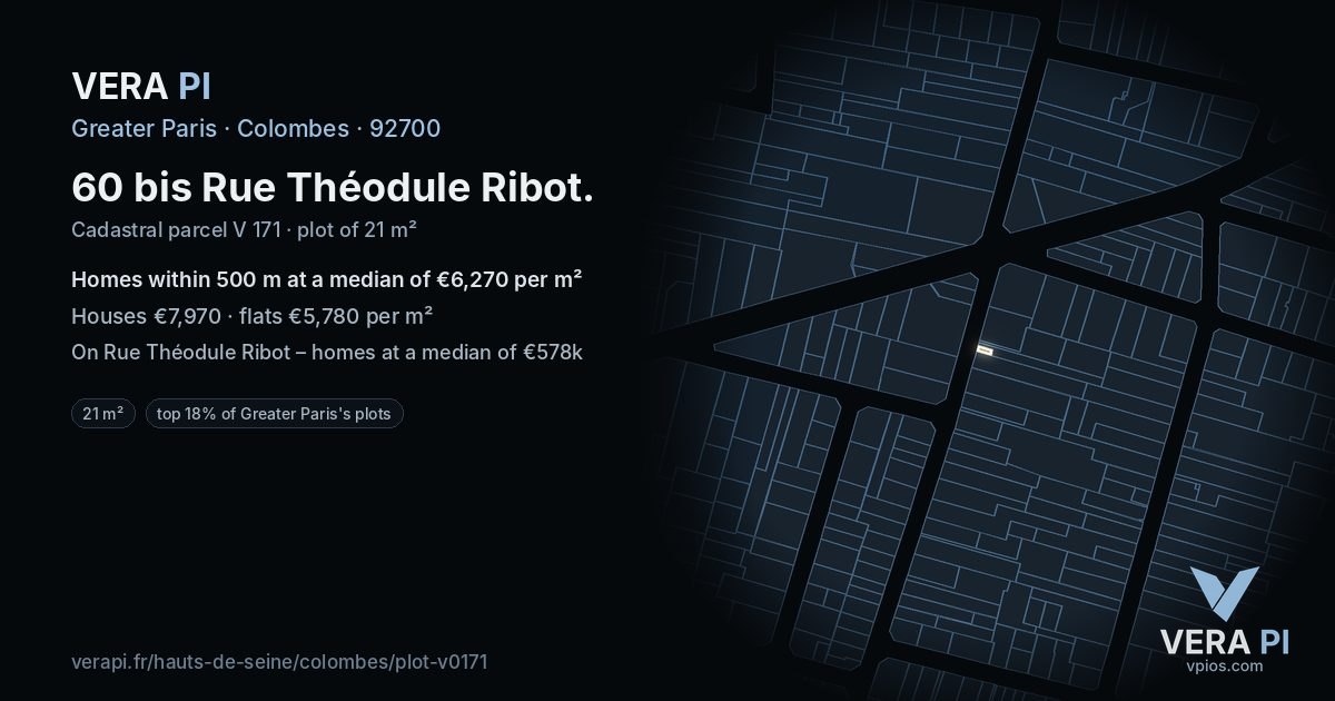 60 bis Rue Théodule Ribot, Colombes at night – the plot lit, the parcels around coloured by the prices near them