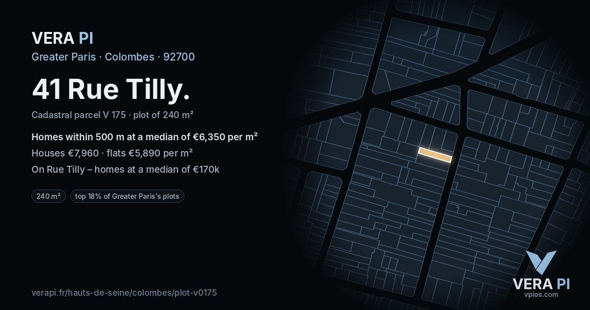41 Rue Tilly, Colombes at night – the plot lit, the parcels around coloured by the prices near them