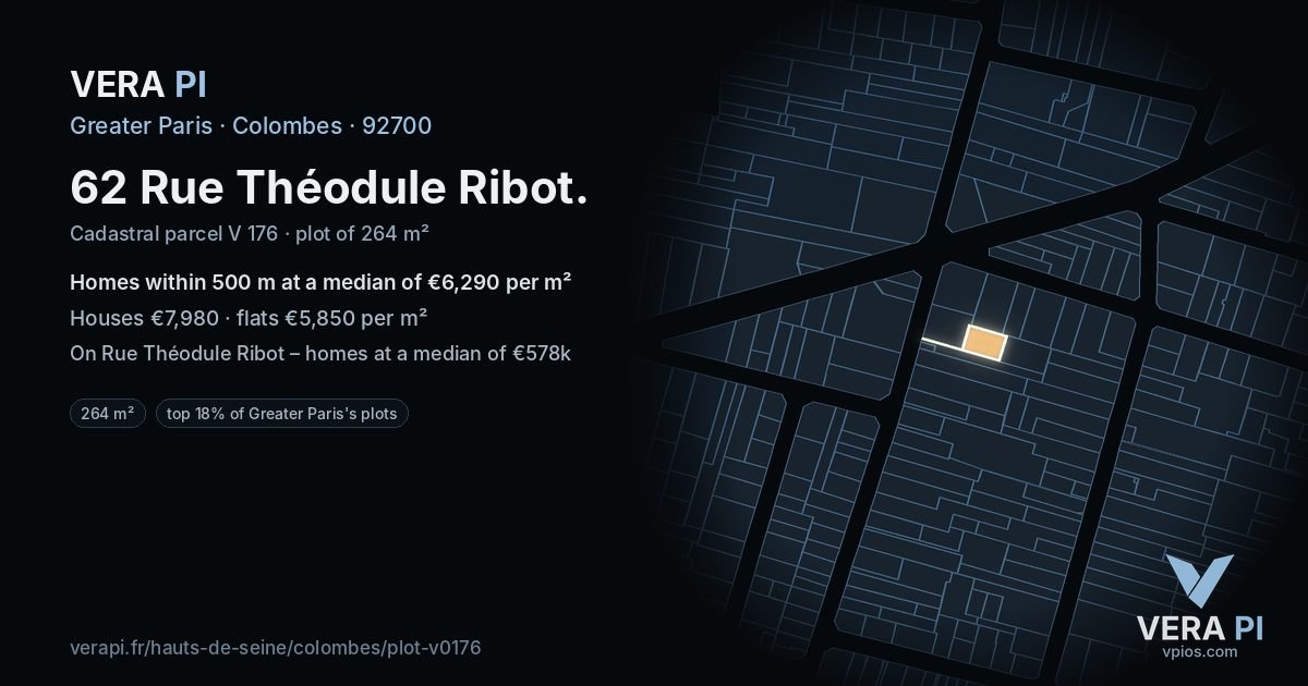 62 Rue Théodule Ribot, Colombes at night – the plot lit, the parcels around coloured by the prices near them