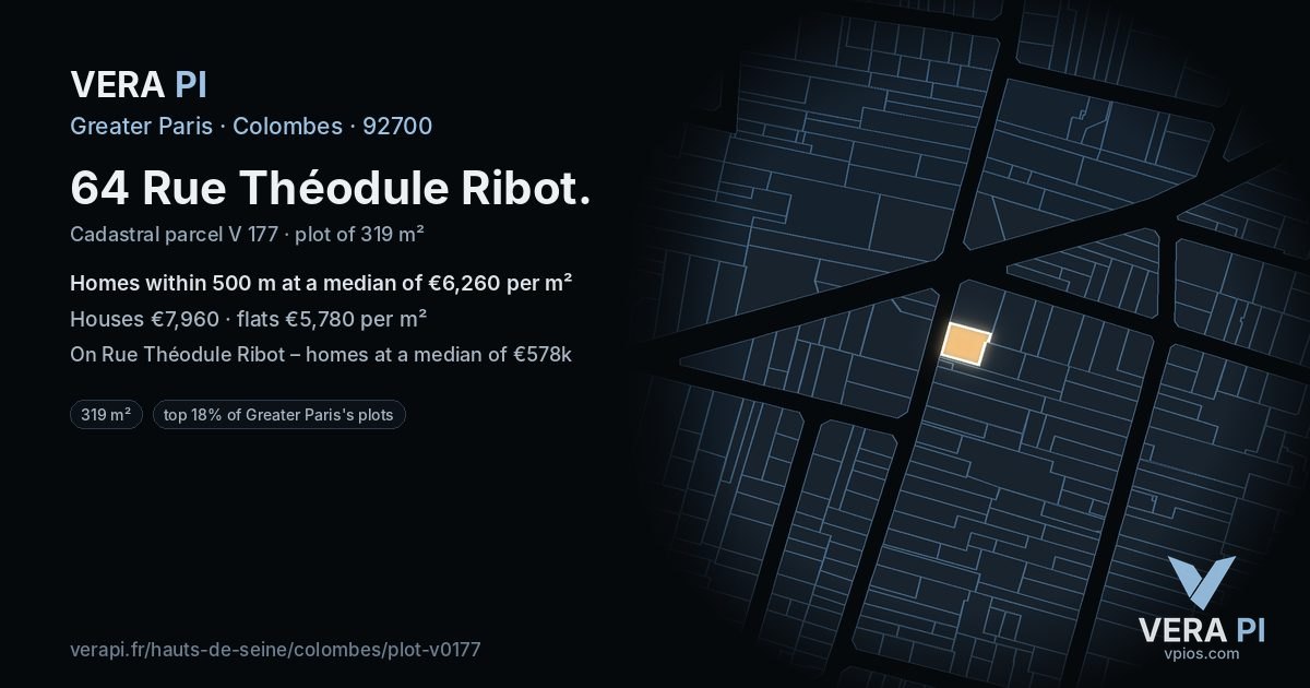 64 Rue Théodule Ribot, Colombes at night – the plot lit, the parcels around coloured by the prices near them