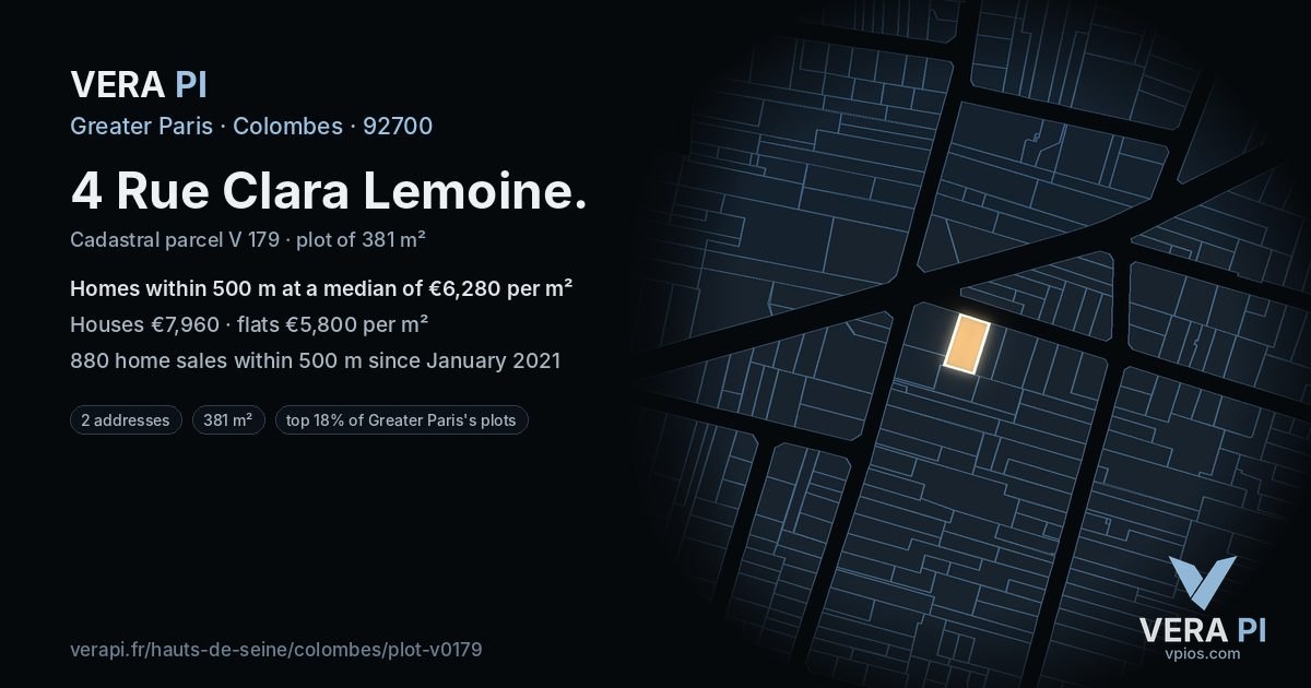 4 Rue Clara Lemoine, Colombes at night – the plot lit, the parcels around coloured by the prices near them