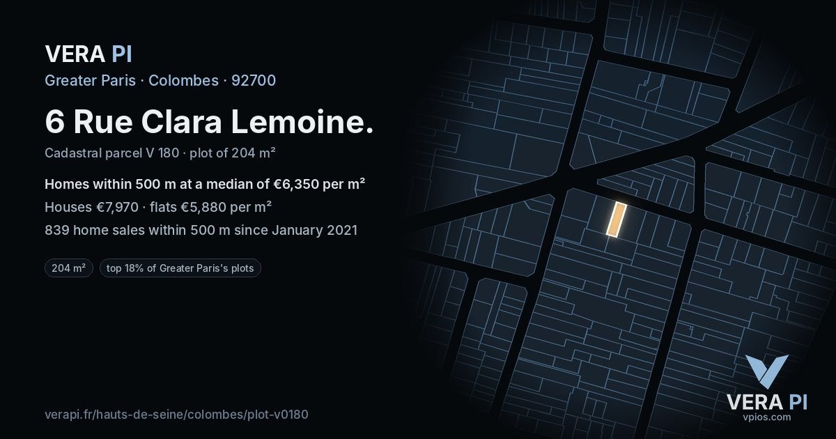 6 Rue Clara Lemoine, Colombes at night – the plot lit, the parcels around coloured by the prices near them