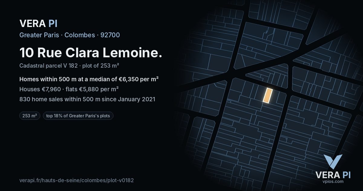 10 Rue Clara Lemoine, Colombes at night – the plot lit, the parcels around coloured by the prices near them