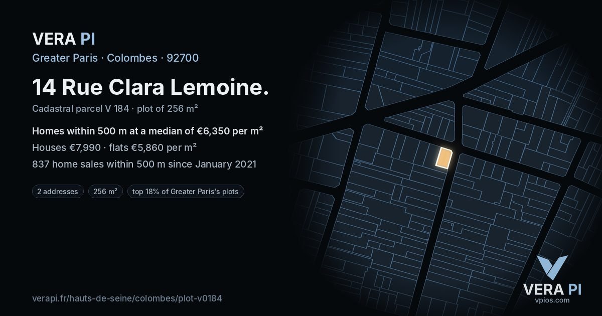 14 Rue Clara Lemoine, Colombes at night – the plot lit, the parcels around coloured by the prices near them