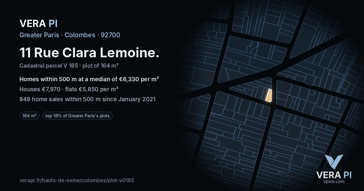 11 Rue Clara Lemoine, Colombes at night – the plot lit, the parcels around coloured by the prices near them