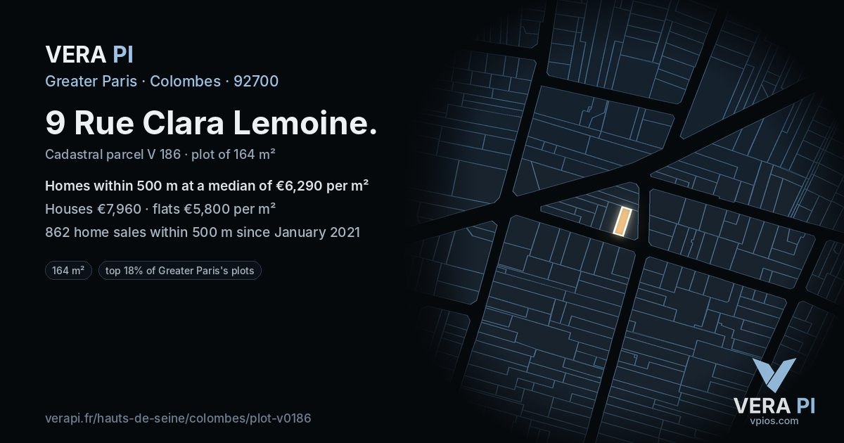 9 Rue Clara Lemoine, Colombes at night – the plot lit, the parcels around coloured by the prices near them
