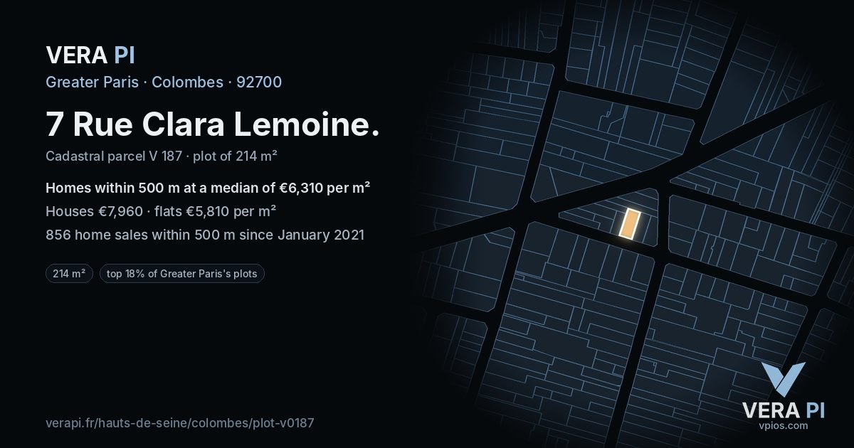 7 Rue Clara Lemoine, Colombes at night – the plot lit, the parcels around coloured by the prices near them