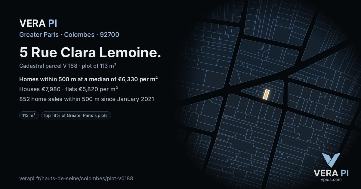 5 Rue Clara Lemoine, Colombes at night – the plot lit, the parcels around coloured by the prices near them