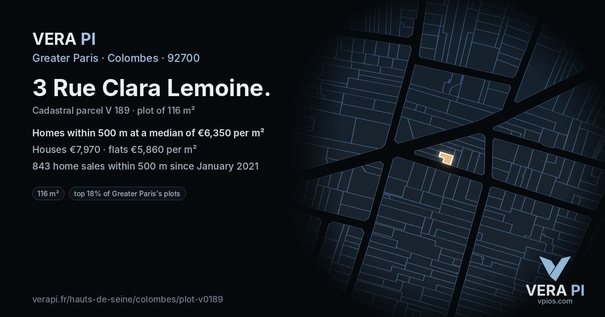 3 Rue Clara Lemoine, Colombes at night – the plot lit, the parcels around coloured by the prices near them