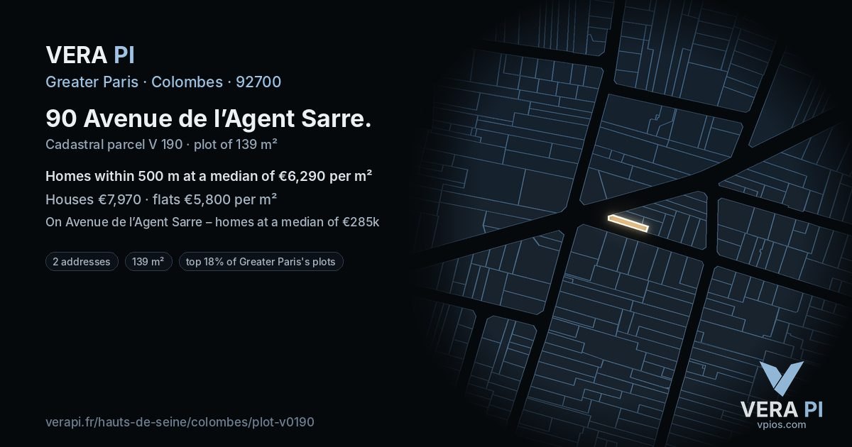 90 Avenue de l’Agent Sarre, Colombes at night – the plot lit, the parcels around coloured by the prices near them