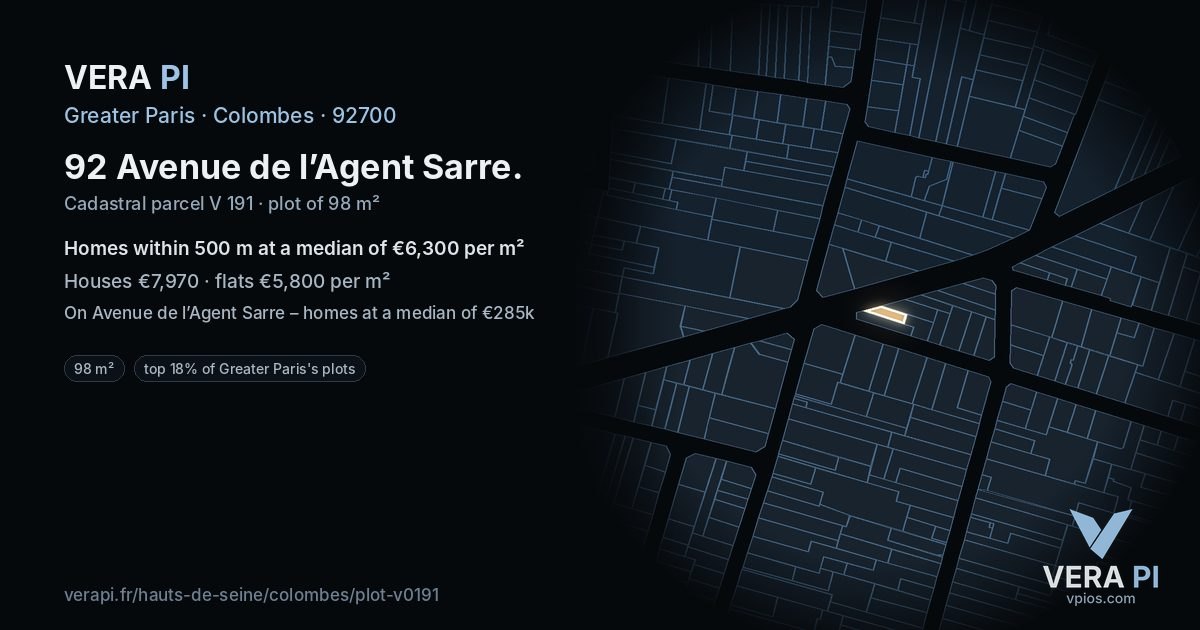 92 Avenue de l’Agent Sarre, Colombes at night – the plot lit, the parcels around coloured by the prices near them