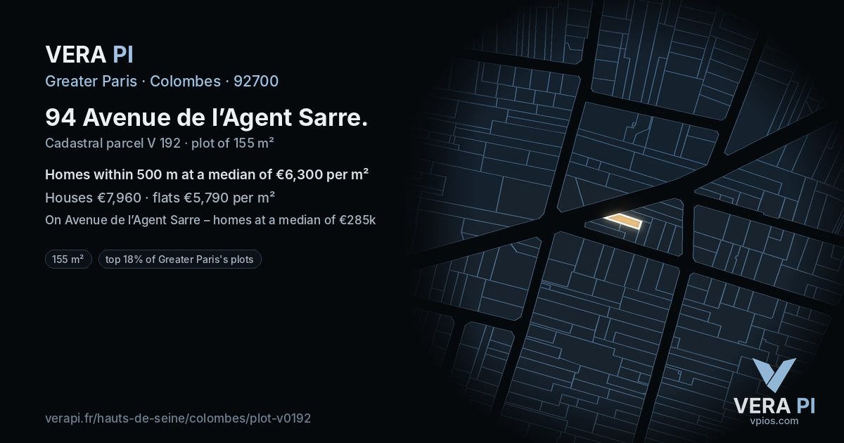 94 Avenue de l’Agent Sarre, Colombes at night – the plot lit, the parcels around coloured by the prices near them