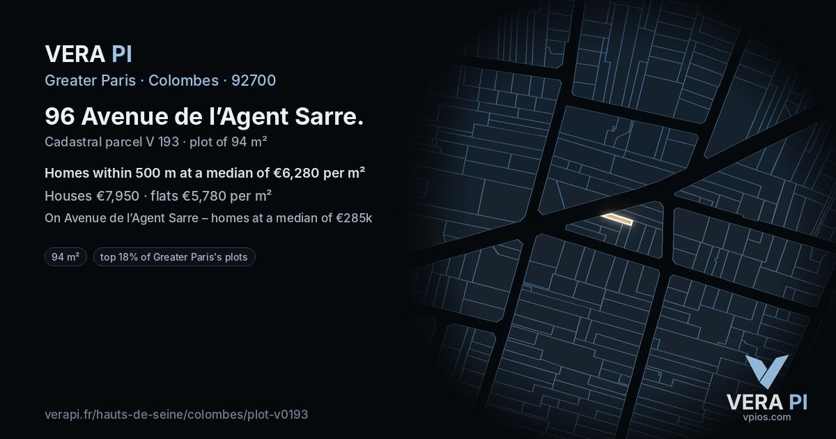 96 Avenue de l’Agent Sarre, Colombes at night – the plot lit, the parcels around coloured by the prices near them