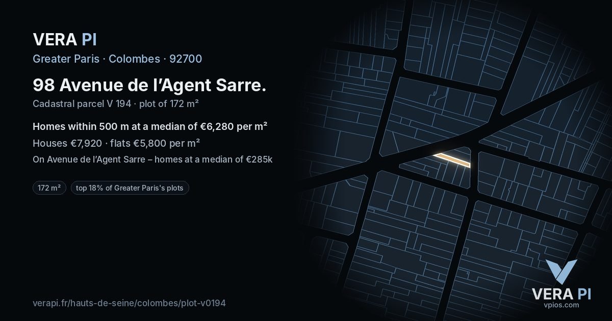 98 Avenue de l’Agent Sarre, Colombes at night – the plot lit, the parcels around coloured by the prices near them