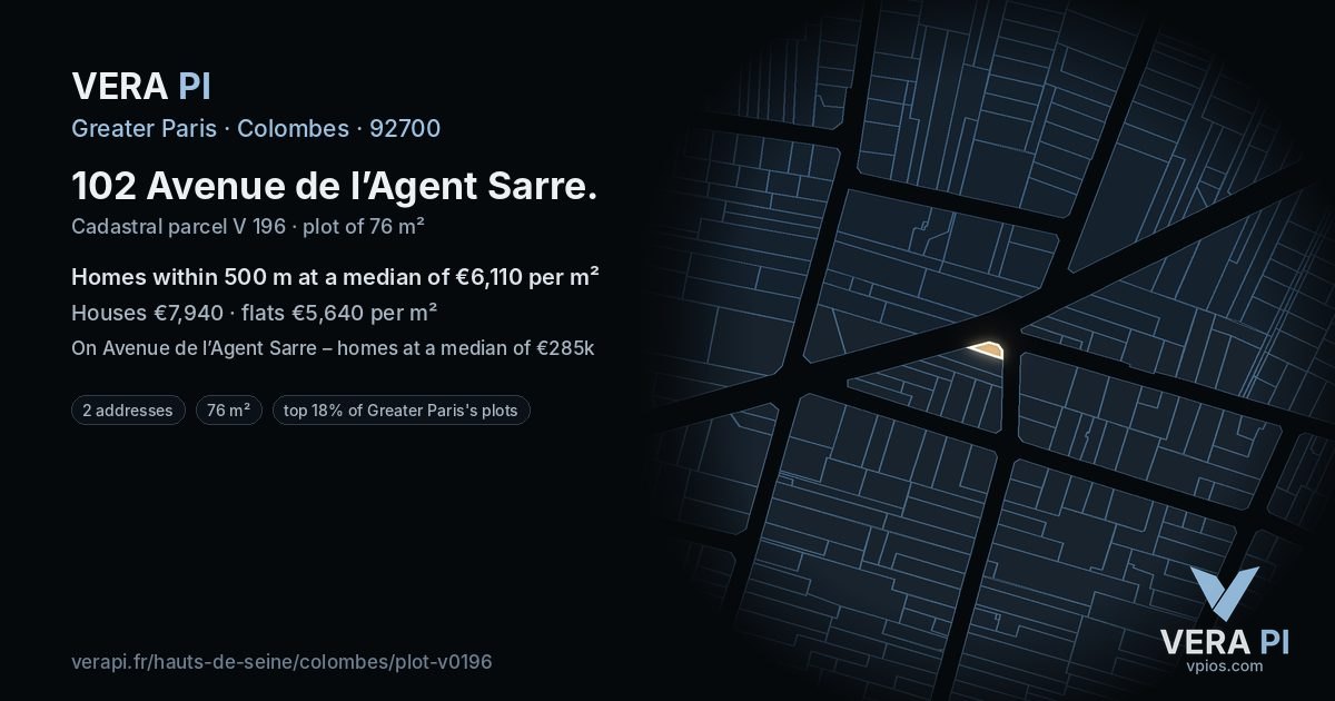 102 Avenue de l’Agent Sarre, Colombes at night – the plot lit, the parcels around coloured by the prices near them
