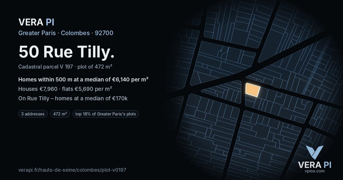 50 Rue Tilly, Colombes at night – the plot lit, the parcels around coloured by the prices near them