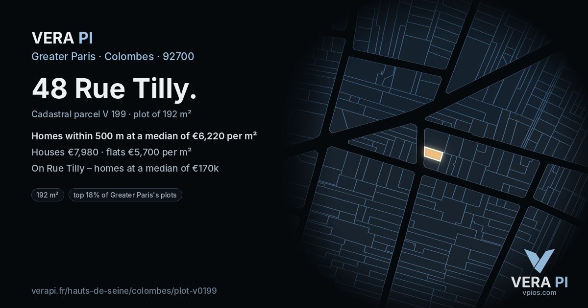 48 Rue Tilly, Colombes at night – the plot lit, the parcels around coloured by the prices near them