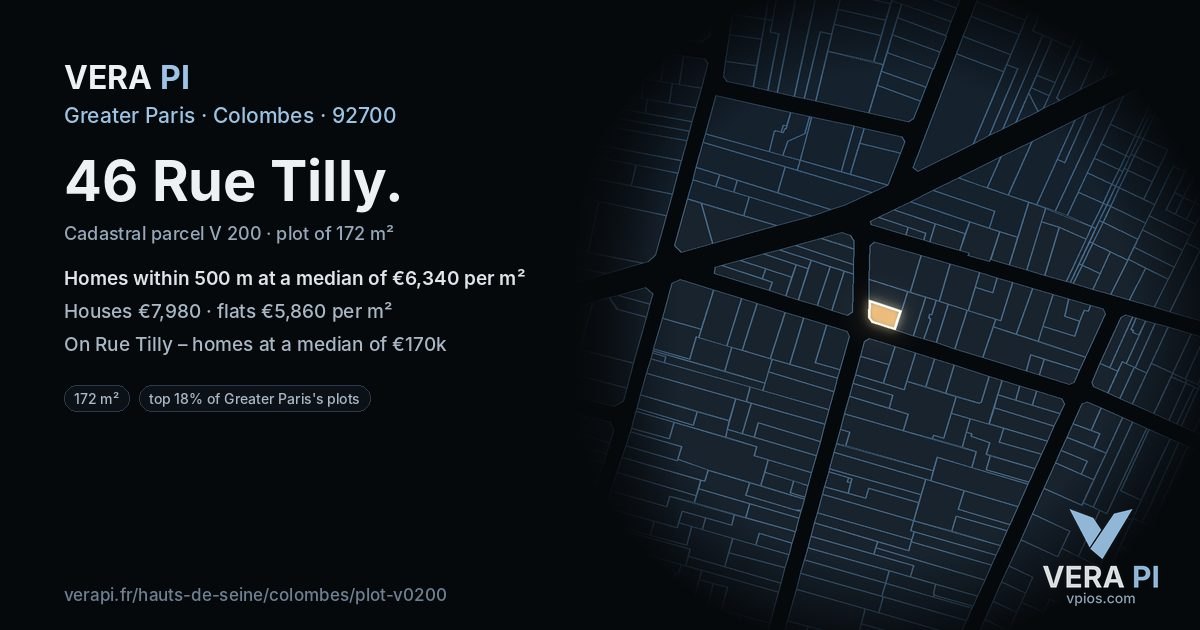 46 Rue Tilly, Colombes at night – the plot lit, the parcels around coloured by the prices near them
