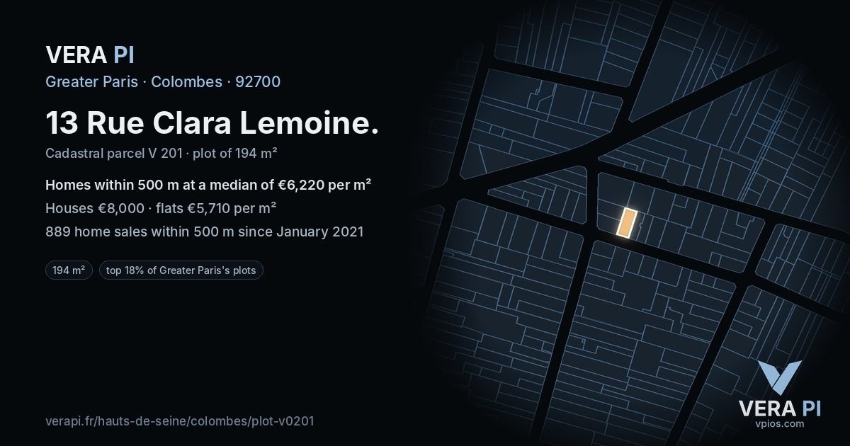 13 Rue Clara Lemoine, Colombes at night – the plot lit, the parcels around coloured by the prices near them