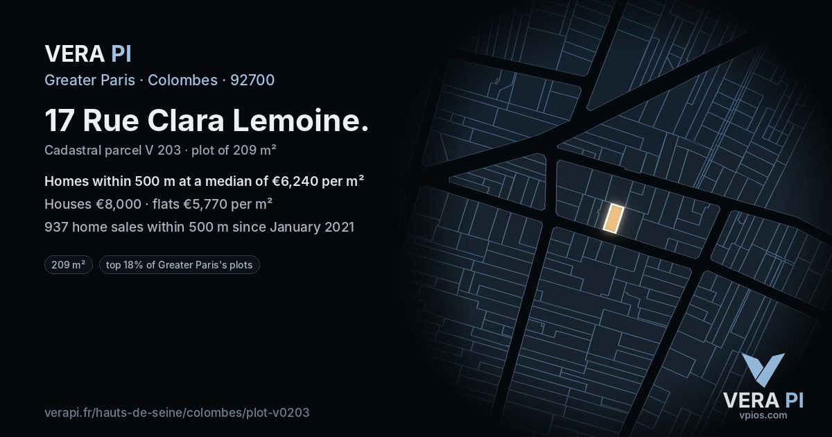17 Rue Clara Lemoine, Colombes at night – the plot lit, the parcels around coloured by the prices near them