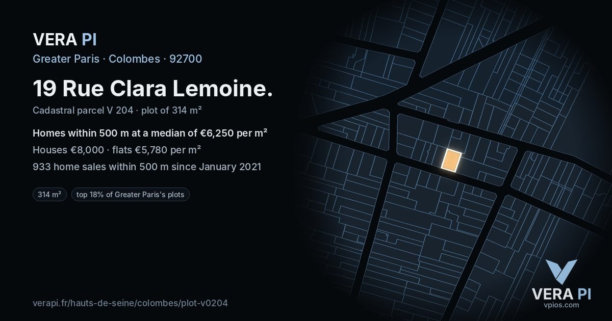 19 Rue Clara Lemoine, Colombes at night – the plot lit, the parcels around coloured by the prices near them
