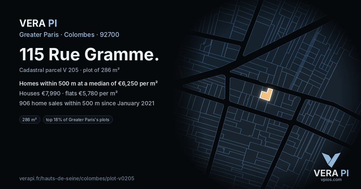115 Rue Gramme, Colombes at night – the plot lit, the parcels around coloured by the prices near them