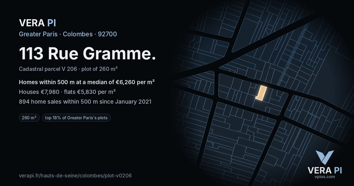 113 Rue Gramme, Colombes at night – the plot lit, the parcels around coloured by the prices near them
