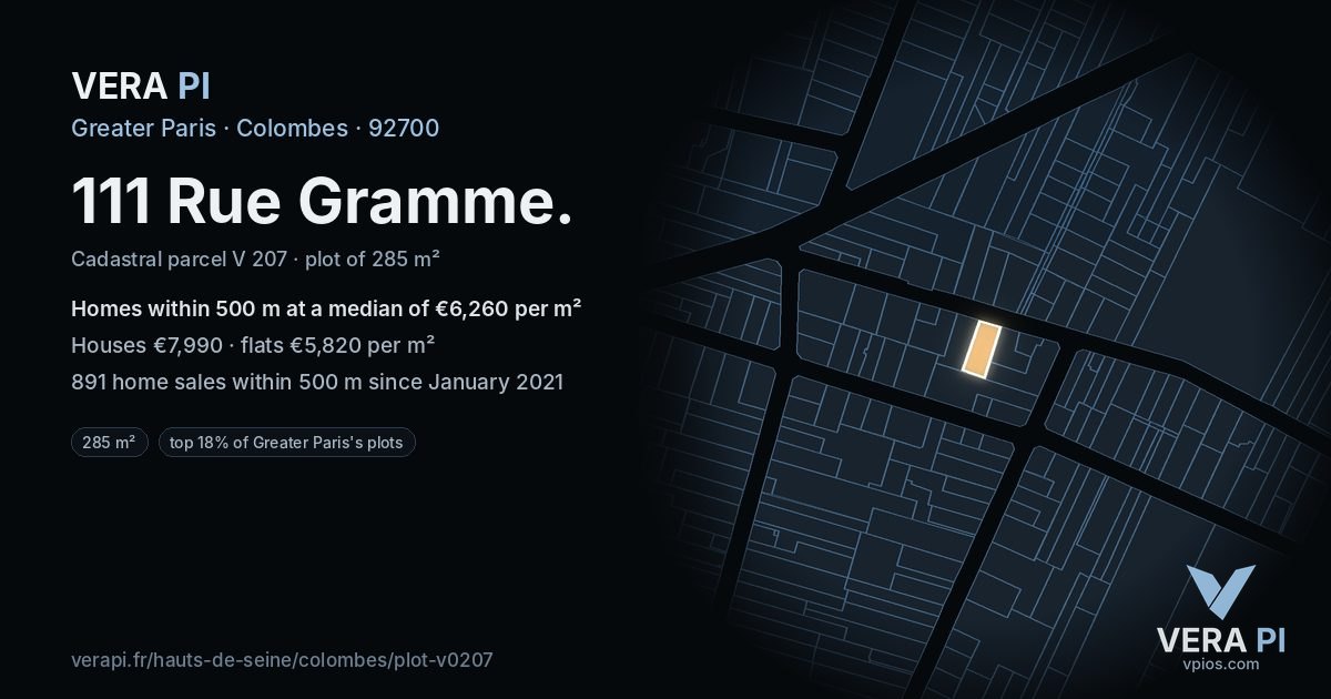 111 Rue Gramme, Colombes at night – the plot lit, the parcels around coloured by the prices near them