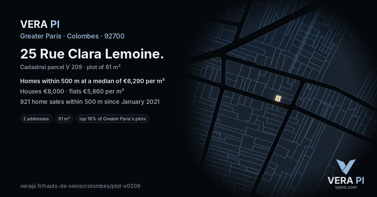 25 Rue Clara Lemoine, Colombes at night – the plot lit, the parcels around coloured by the prices near them