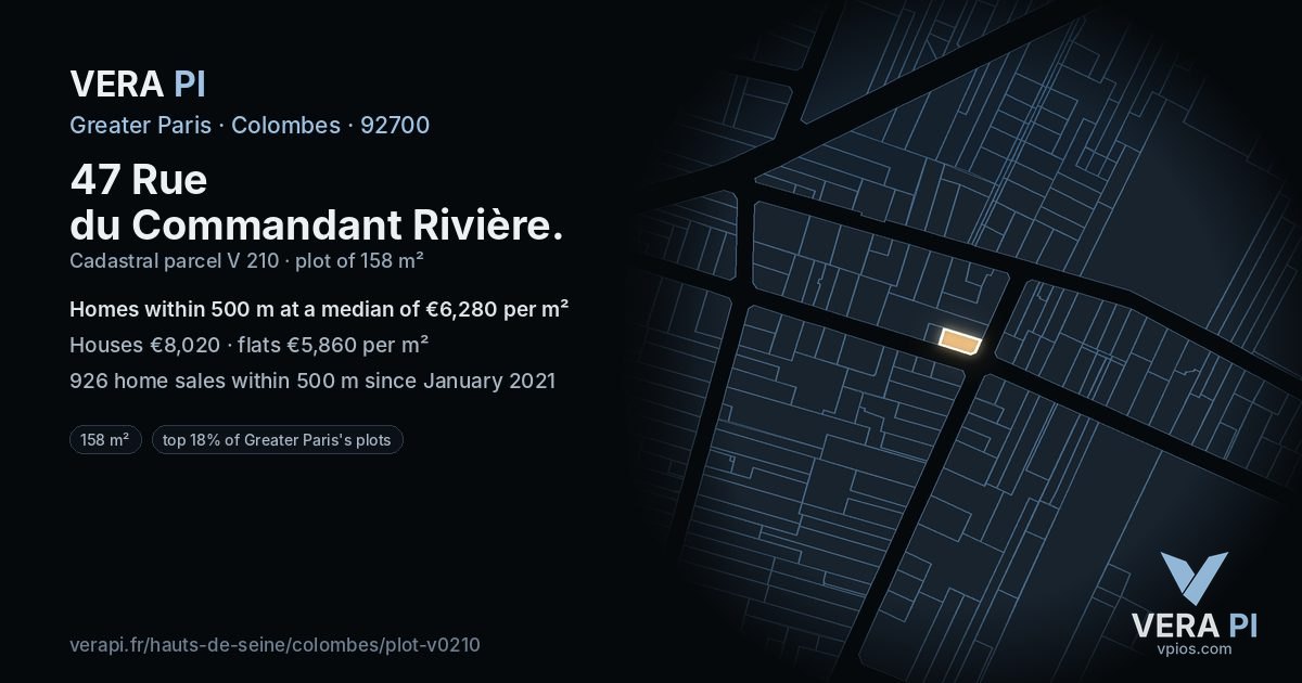 47 Rue du Commandant Rivière, Colombes at night – the plot lit, the parcels around coloured by the prices near them