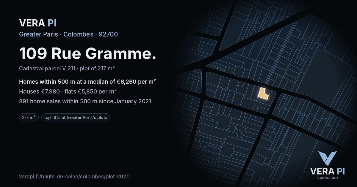 109 Rue Gramme, Colombes at night – the plot lit, the parcels around coloured by the prices near them