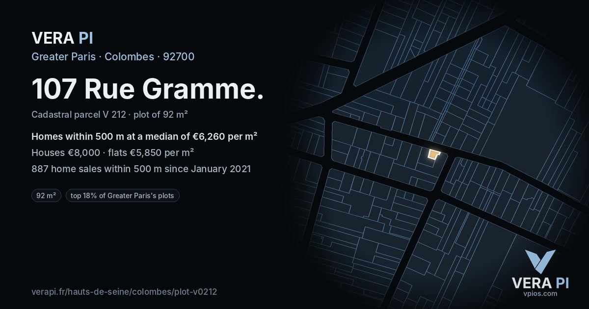 107 Rue Gramme, Colombes at night – the plot lit, the parcels around coloured by the prices near them